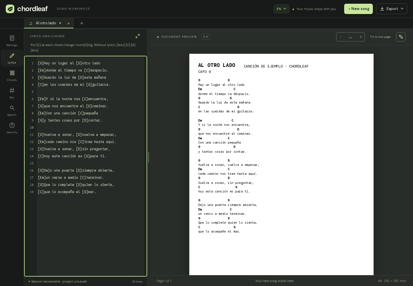 Captura del editor de Chordleaf con una hoja abierta, acordes sobre la letra y el panel de ajustes del documento.